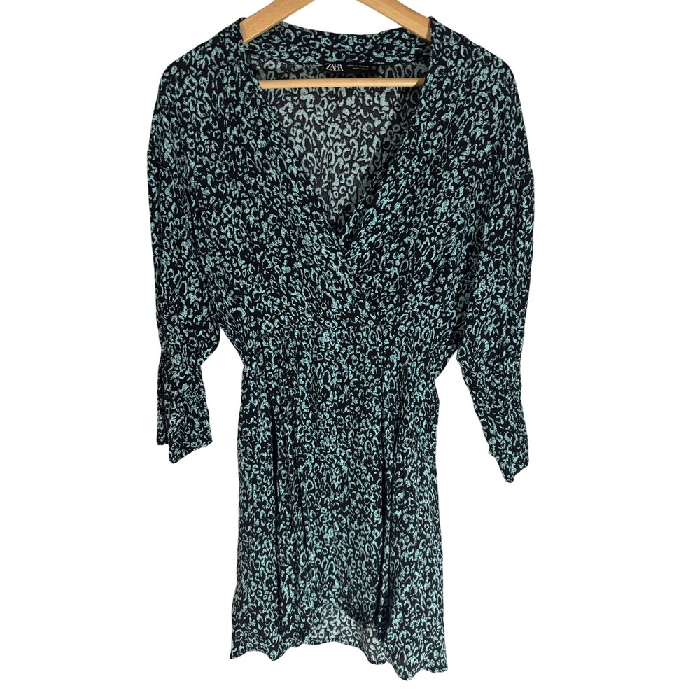 Zara Blue & Black Leopard Print Wrap Mini Dress Women's XS 3/4 Sleeve - Picture 2 of 5